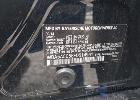 2015 BMW 528I from USA, damaged, VIN WBA5A5C58FD514961